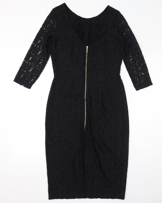 Dorothy Perkins Womens Black Cotton Bodycon Size 12 Round Neck Zip