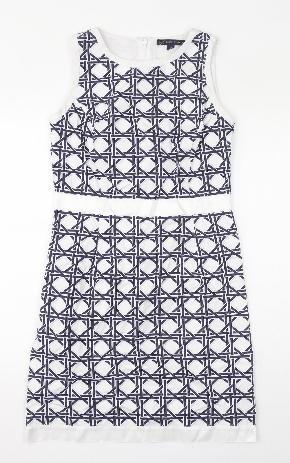 Brooks Brothers Womens White Geometric Cotton Pencil Dress Size 10 Round Neck Zip