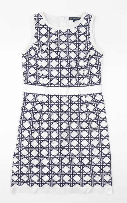 Brooks Brothers Womens White Geometric Cotton Pencil Dress Size 10 Round Neck Zip