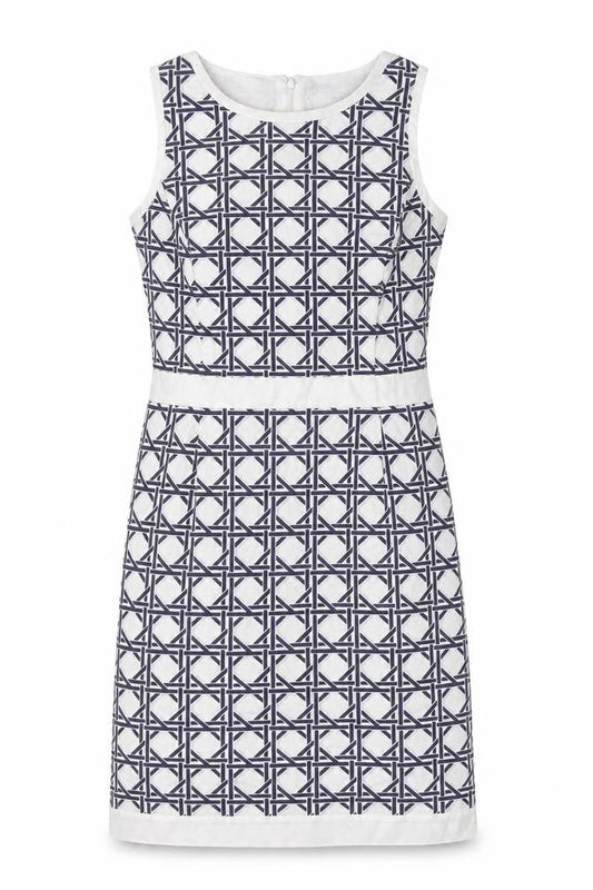 Brooks Brothers Womens White Geometric Cotton Pencil Dress Size 10 Round Neck Zip