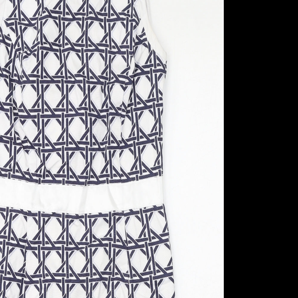 Brooks Brothers Womens White Geometric Cotton Pencil Dress Size 10 Round Neck Zip