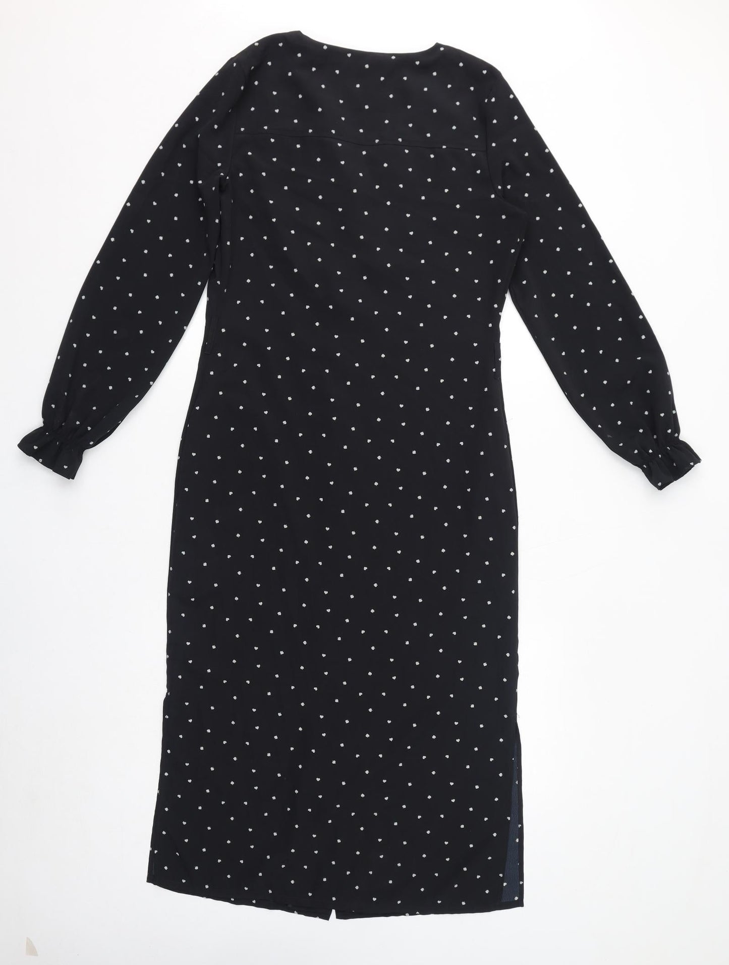 NEXT Womens Black Geometric Polyester Shirt Dress Size 8 V-Neck Button - Spades, Ruffles