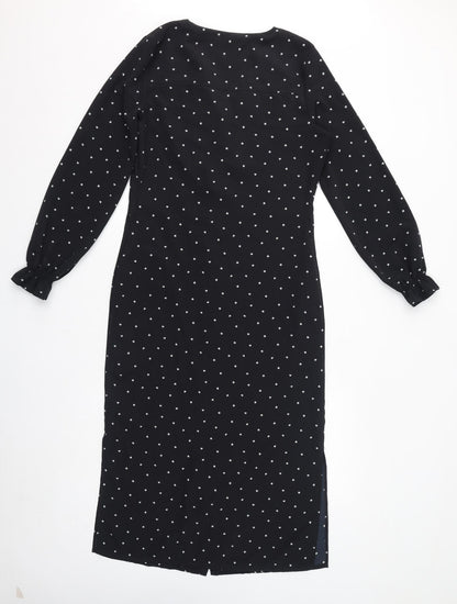 NEXT Womens Black Geometric Polyester Shirt Dress Size 8 V-Neck Button - Spades, Ruffles