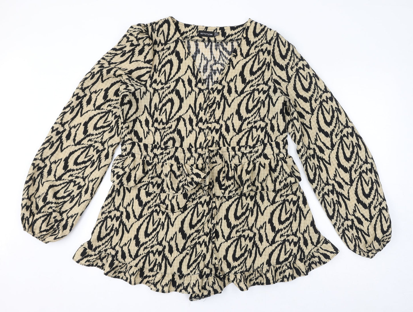 PRETTYLITTLETHING Womens Brown Geometric Polyester Playsuit One-Piece Size 14 L3 in Button - Ruffles