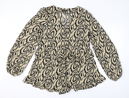 PRETTYLITTLETHING Womens Brown Geometric Polyester Playsuit One-Piece Size 14 L3 in Button - Ruffles