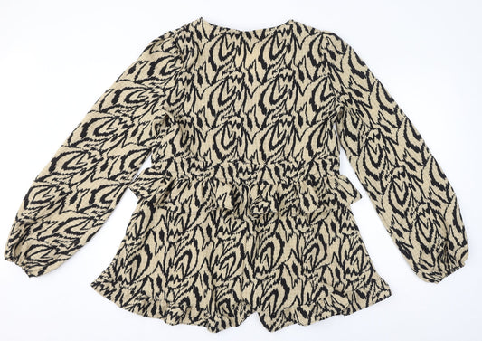 PRETTYLITTLETHING Womens Brown Geometric Polyester Playsuit One-Piece Size 14 L3 in Button - Ruffles