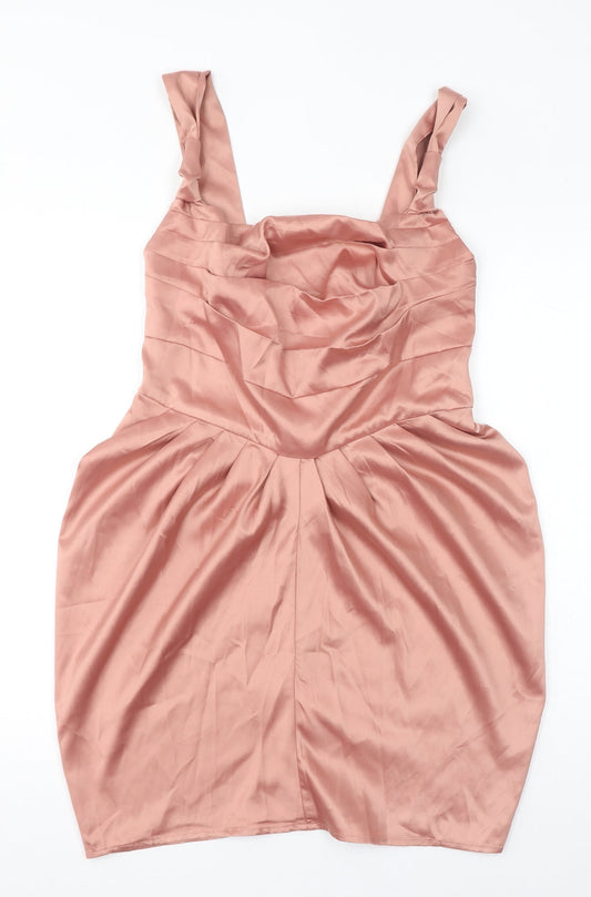 PRETTYLITTLETHING Womens Pink Polyester Pencil Dress Size 14 Square Neck Zip