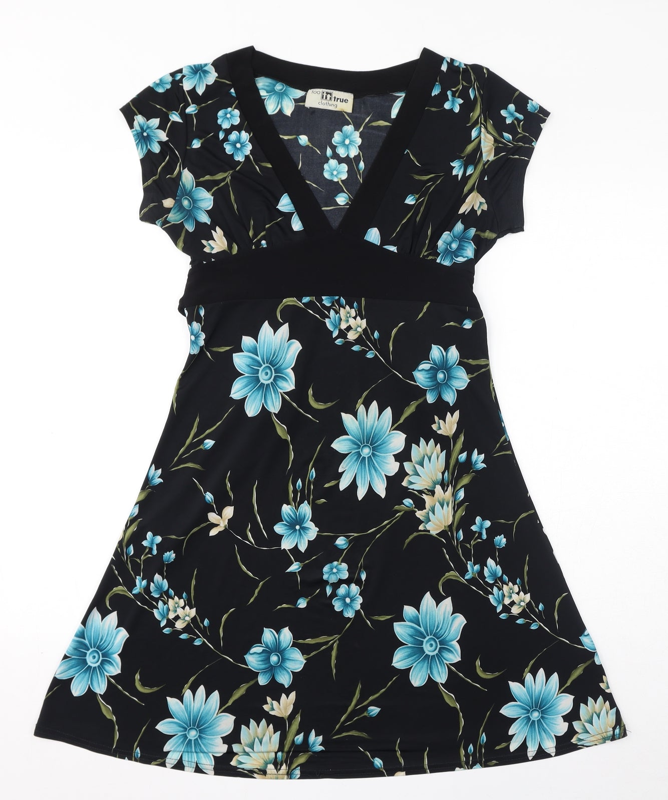 too true Womens Black Floral Polyester A-Line Size M V-Neck Pullover - Size M-L, Belted