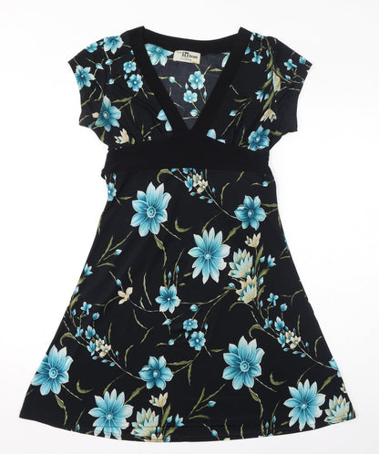 too true Womens Black Floral Polyester A-Line Size M V-Neck Pullover - Size M-L, Belted