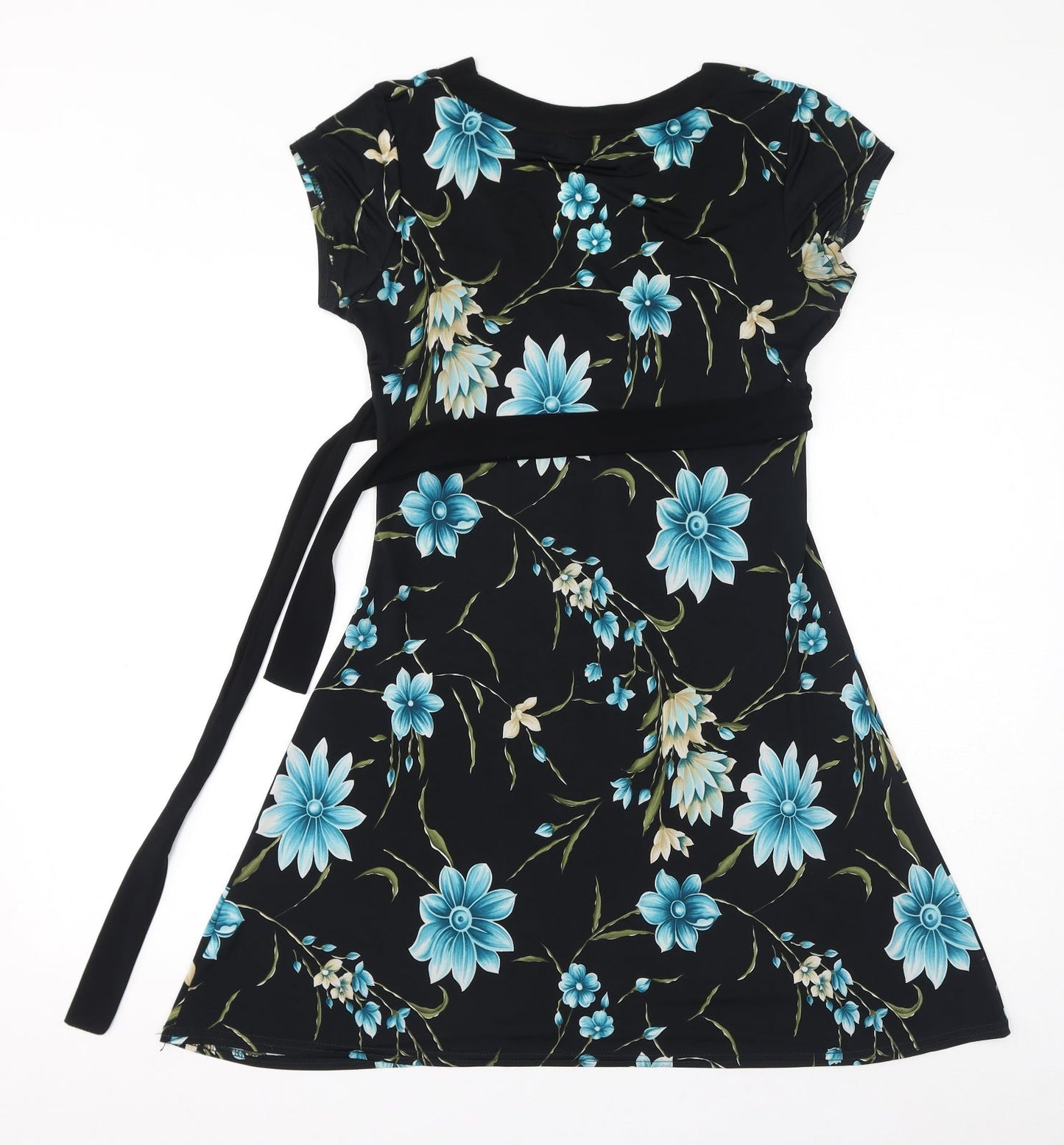 too true Womens Black Floral Polyester A-Line Size M V-Neck Pullover - Size M-L, Belted