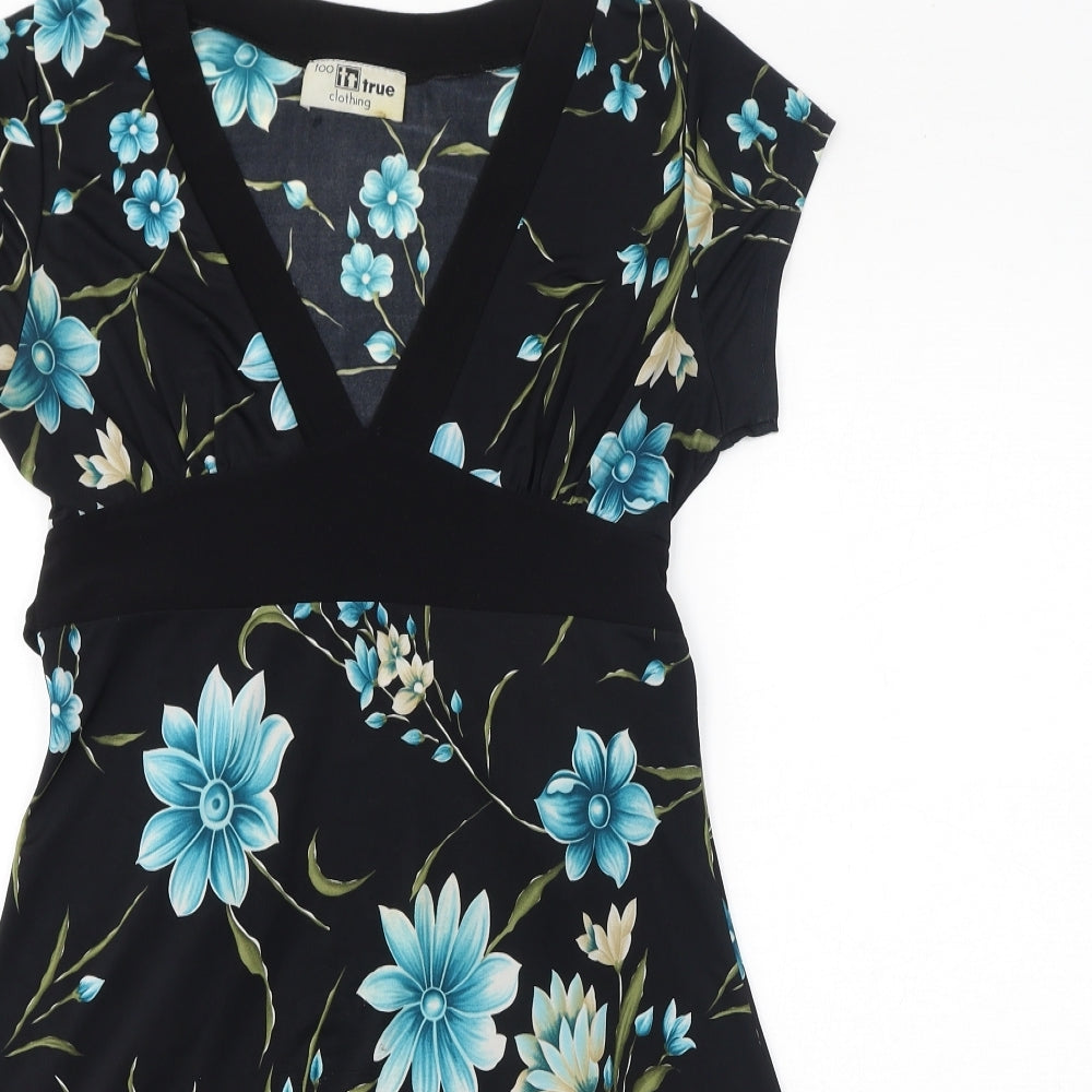too true Womens Black Floral Polyester A-Line Size M V-Neck Pullover - Size M-L, Belted