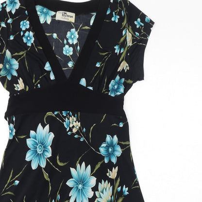 too true Womens Black Floral Polyester A-Line Size M V-Neck Pullover - Size M-L, Belted