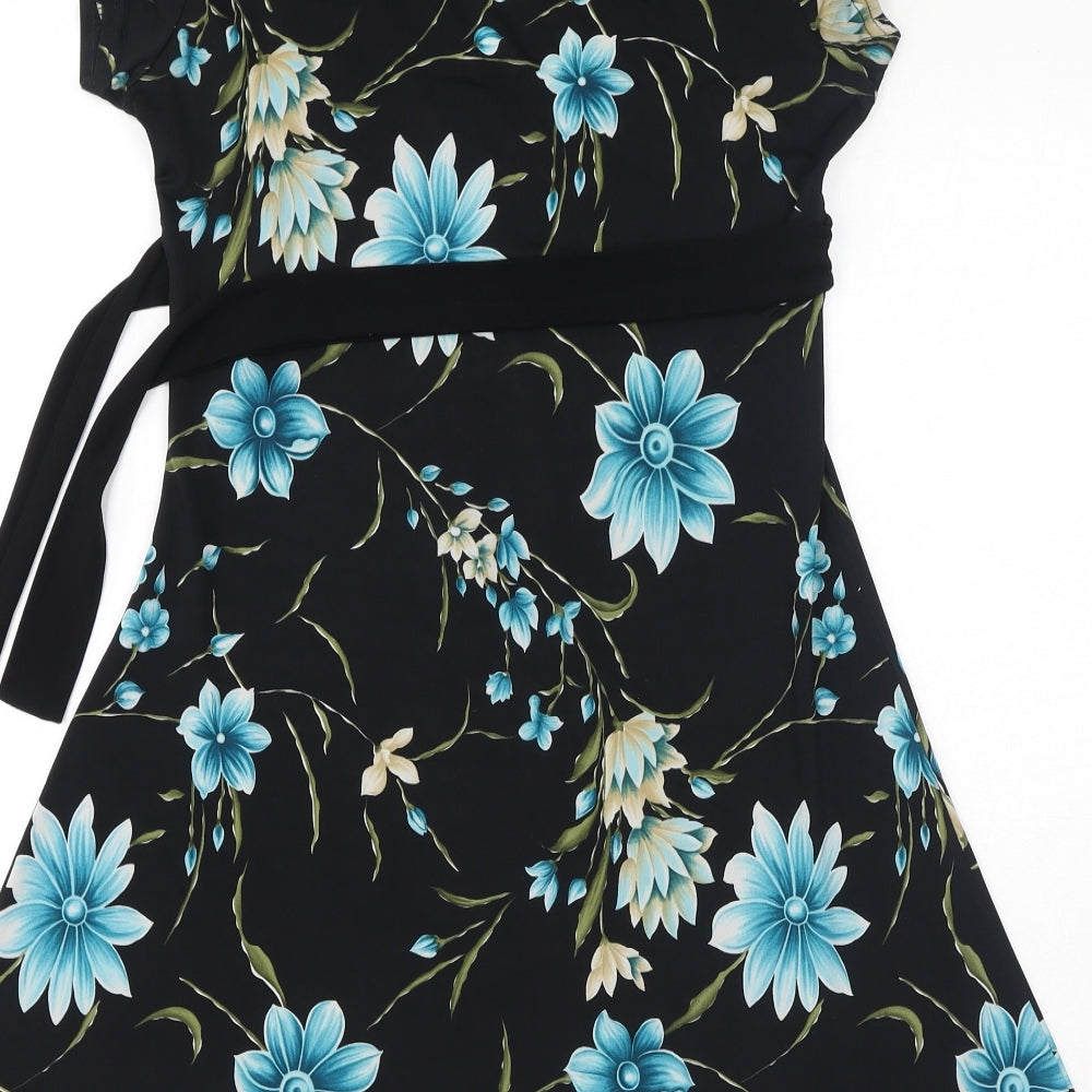 too true Womens Black Floral Polyester A-Line Size M V-Neck Pullover - Size M-L, Belted
