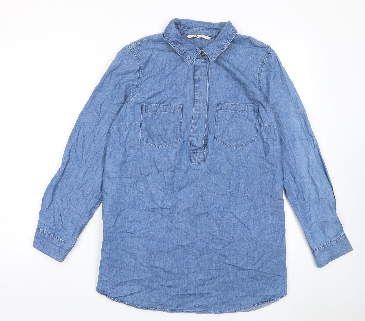 TU Womens Blue Cotton A-Line Size 12 Collared Button - Pockets, Buttons