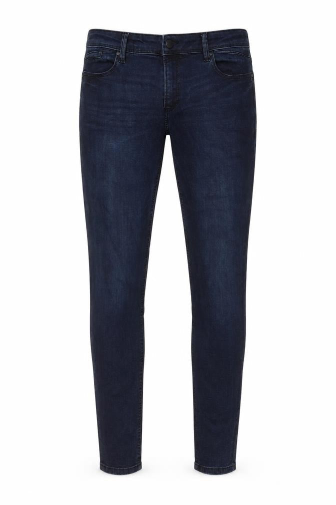 Front view of ESPRIT men’s blue cotton skinny jeans, size 31, in, 32-inch leg regular zip - pockets, belt loops, logo