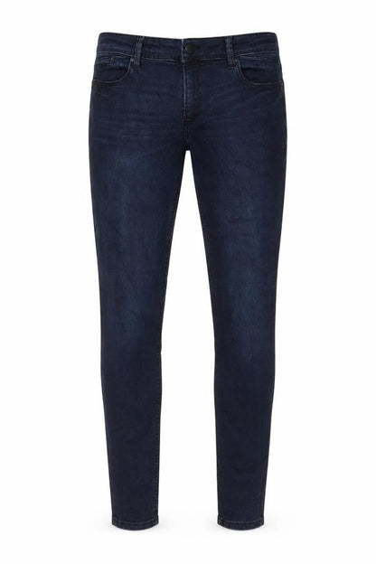 Front view of ESPRIT men’s blue cotton skinny jeans, size 31, in, 32-inch leg regular zip - pockets, belt loops, logo