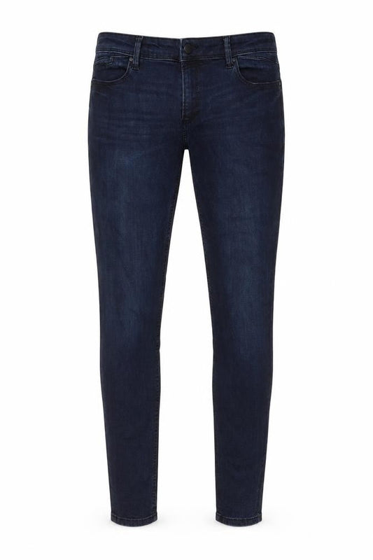 Front view of ESPRIT men’s blue cotton skinny jeans, size 31, in, 32-inch leg regular zip - pockets, belt loops, logo