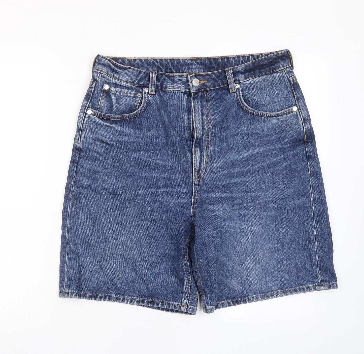 Weekday Womens Blue Cotton Boyfriend Shorts Size 31 in L8 in Regular Zip - Pockets, Logo