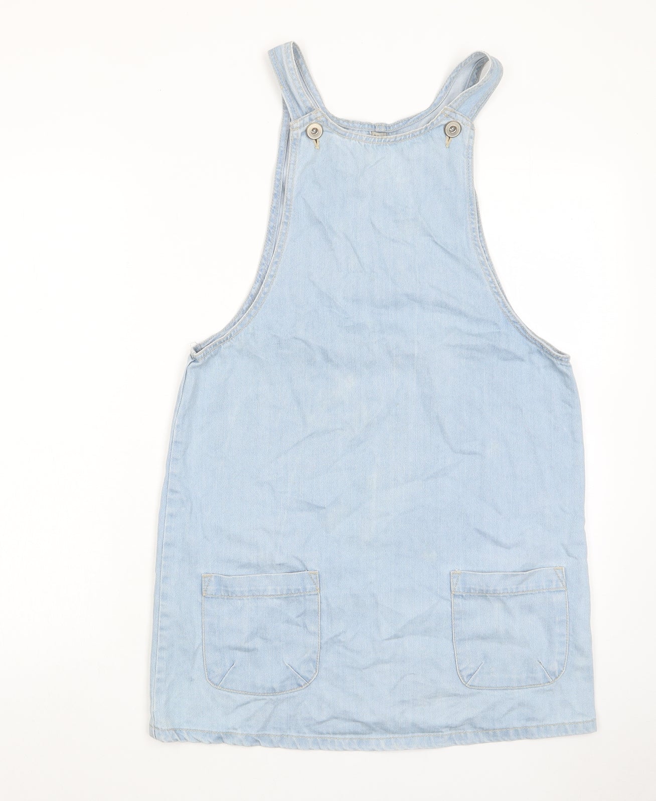 Denim & Co. Womens Blue Cotton Pinafore/Dungaree Dress Size 12 Scoop Neck Button - Pocket