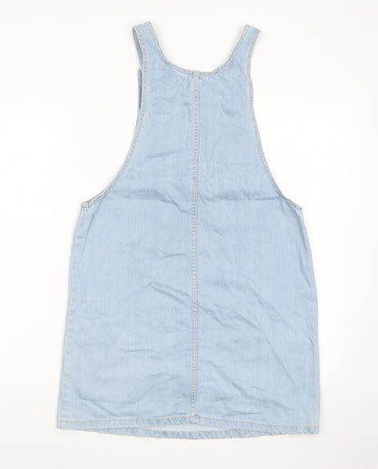 Denim & Co. Womens Blue Cotton Pinafore/Dungaree Dress Size 12 Scoop Neck Button - Pocket