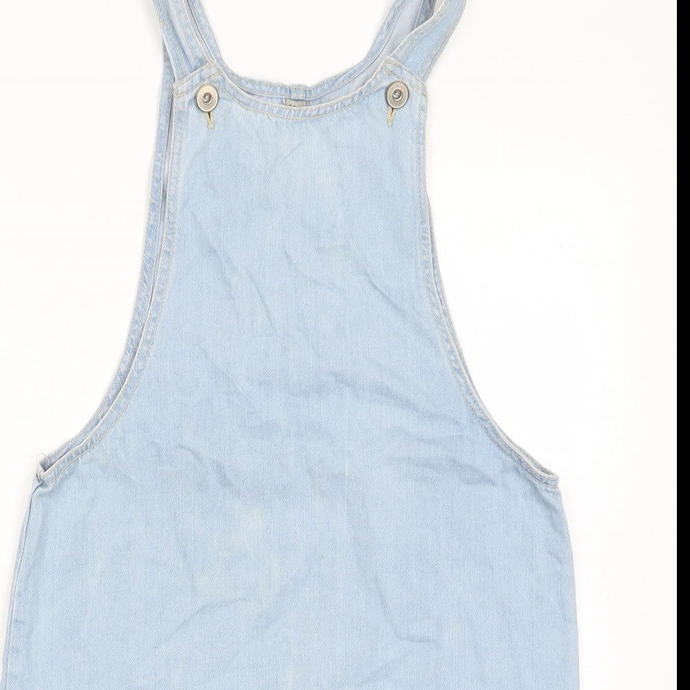 Denim & Co. Womens Blue Cotton Pinafore/Dungaree Dress Size 12 Scoop Neck Button - Pocket