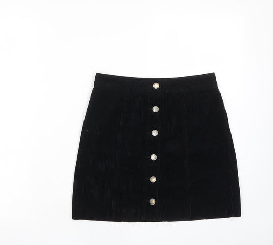 Miss Selfridge Womens Black Cotton A-Line Skirt Size 6 Button