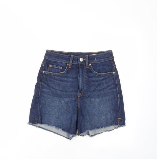 Marks and Spencer Womens Blue Cotton Mom Shorts Size 6 L4 in Regular Zip - Pockets, Belt Loops