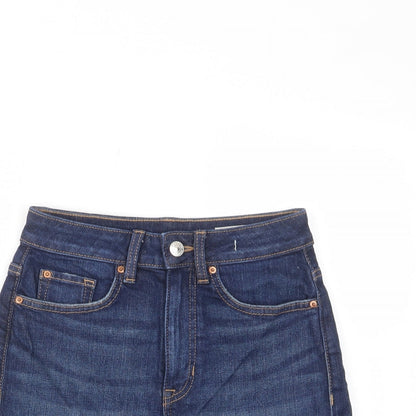 Marks and Spencer Womens Blue Cotton Mom Shorts Size 6 L4 in Regular Zip - Pockets, Belt Loops