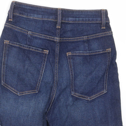 Marks and Spencer Womens Blue Cotton Mom Shorts Size 6 L4 in Regular Zip - Pockets, Belt Loops