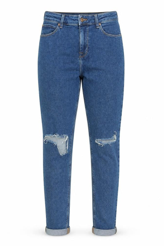 Front view of ASOS women’s blue cotton tapered jeans, size UK 30, in, 32-inch leg regular zip
