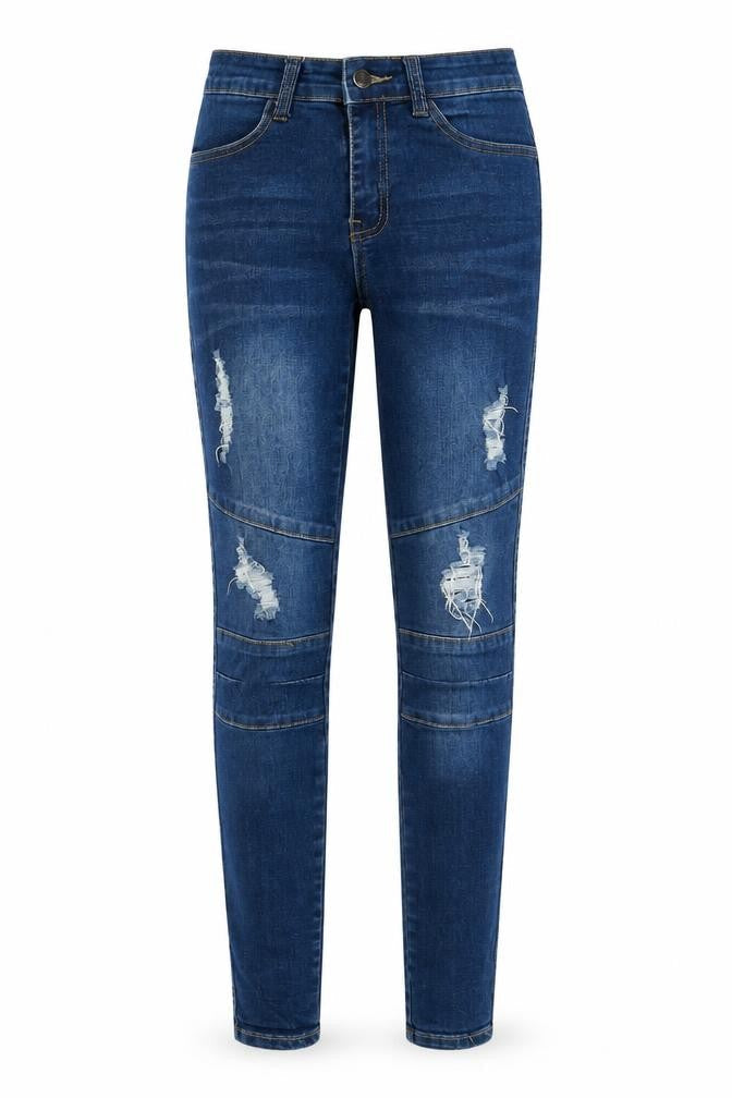 Front view of Fashion Nova women’s blue cotton skinny jeans, size S, 28-inch leg regular zip
