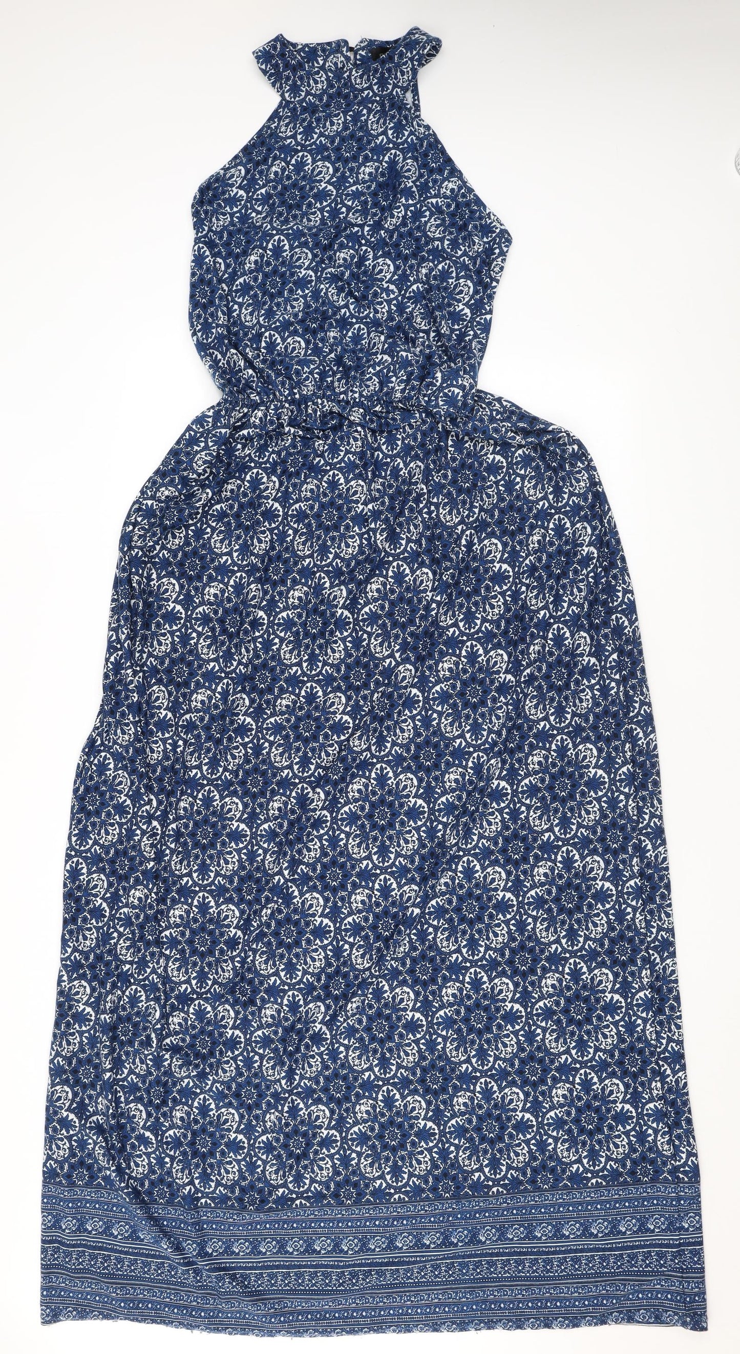 Club L Womens Blue Geometric Viscose Maxi Size 14 Halter Button