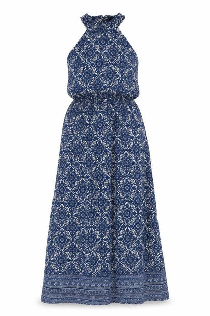 Club L Womens Blue Geometric Viscose Maxi Size 14 Halter Button