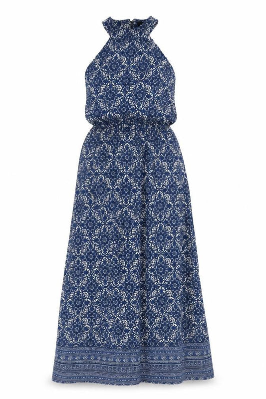 Front view of Club L women’s blue geometric viscose maxi, size UK 14, halter button
