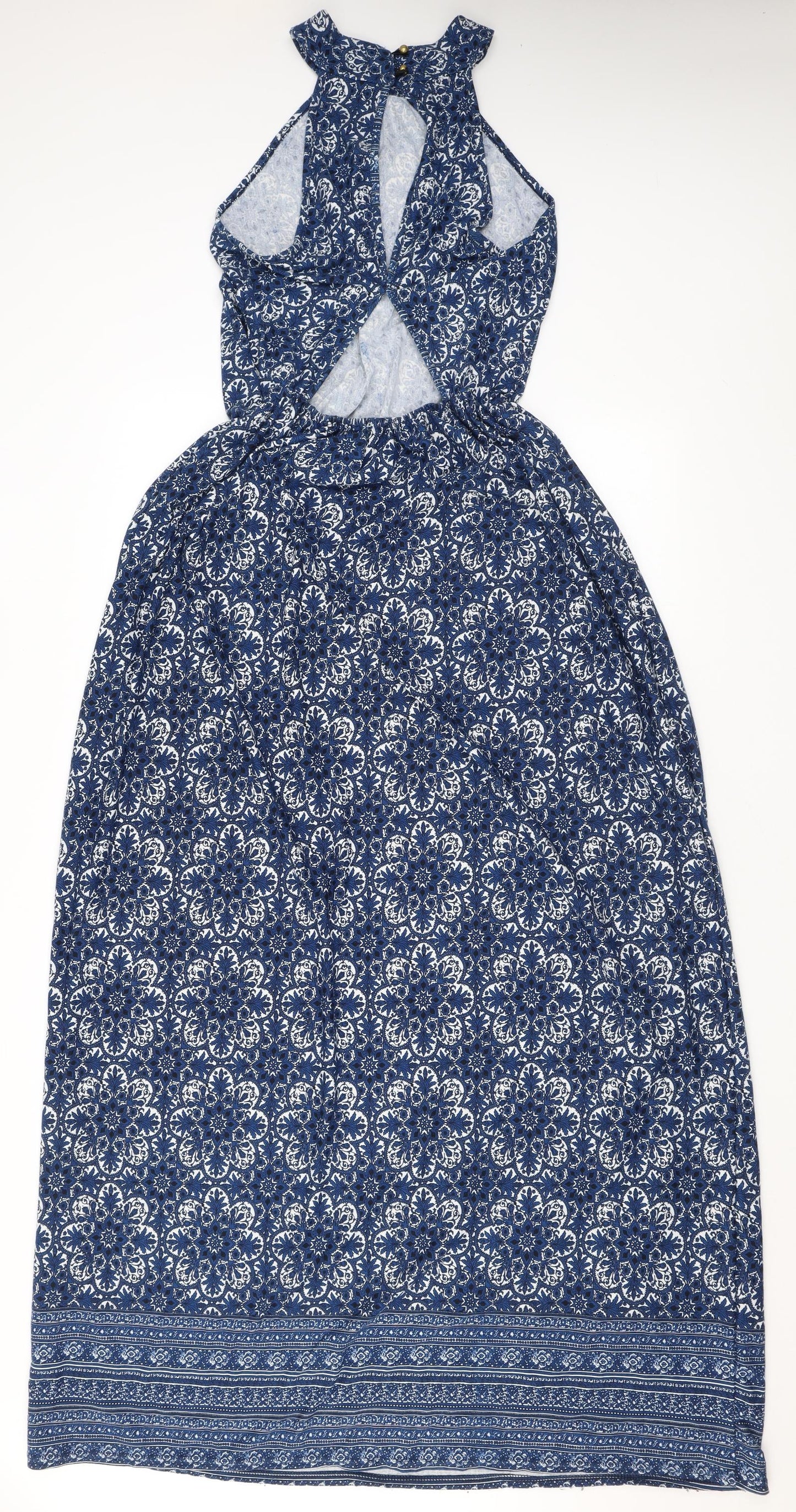 Club L Womens Blue Geometric Viscose Maxi Size 14 Halter Button