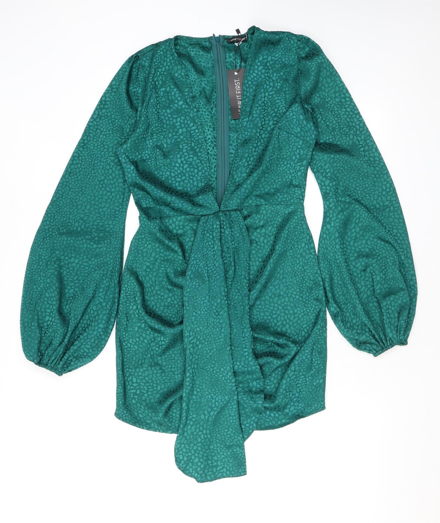 I SAW IT FIRST Womens Green Animal Print Polyester Mini Size 10 V-Neck Zip - Croc print, Balloon sleeves