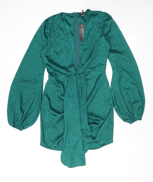 I SAW IT FIRST Womens Green Animal Print Polyester Mini Size 10 V-Neck Zip - Croc print, Balloon sleeves