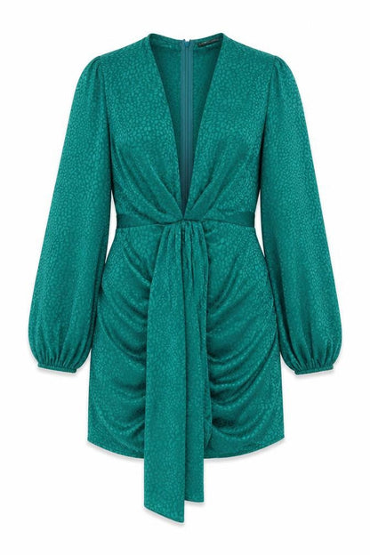 Front view of I SAW IT FIRST women’s green animal print polyester mini, size UK 10, v-neck zip - croc print, balloon sleeves