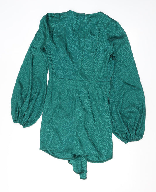 I SAW IT FIRST Womens Green Animal Print Polyester Mini Size 10 V-Neck Zip - Croc print, Balloon sleeves