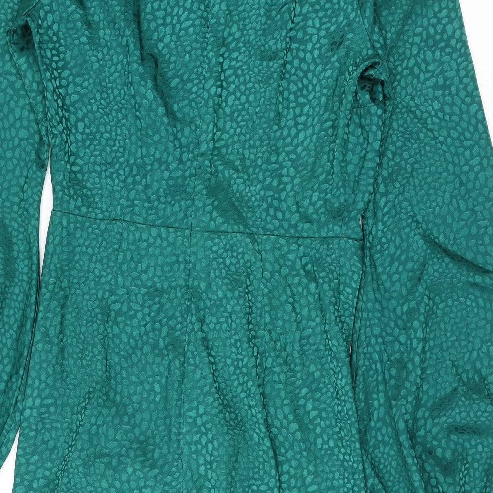 I SAW IT FIRST Womens Green Animal Print Polyester Mini Size 10 V-Neck Zip - Croc print, Balloon sleeves