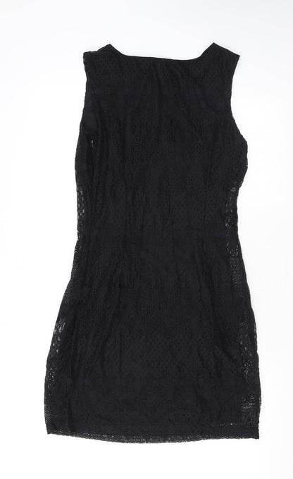 Pinky Womens Black Geometric Cotton Pencil Dress Size S Boat Neck Pullover - Lace