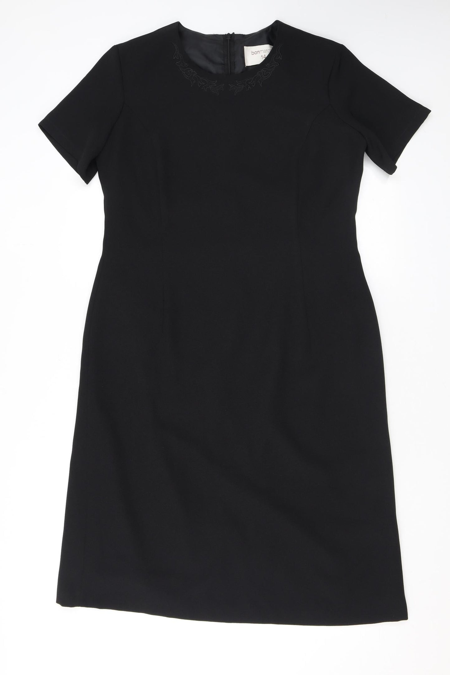 Bonmarché Womens Black Polyester Pencil Dress Size 14 Scoop Neck Zip - Embroidery