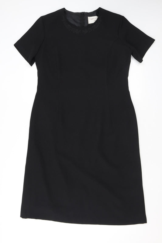 Bonmarché Womens Black Polyester Pencil Dress Size 14 Scoop Neck Zip - Embroidery