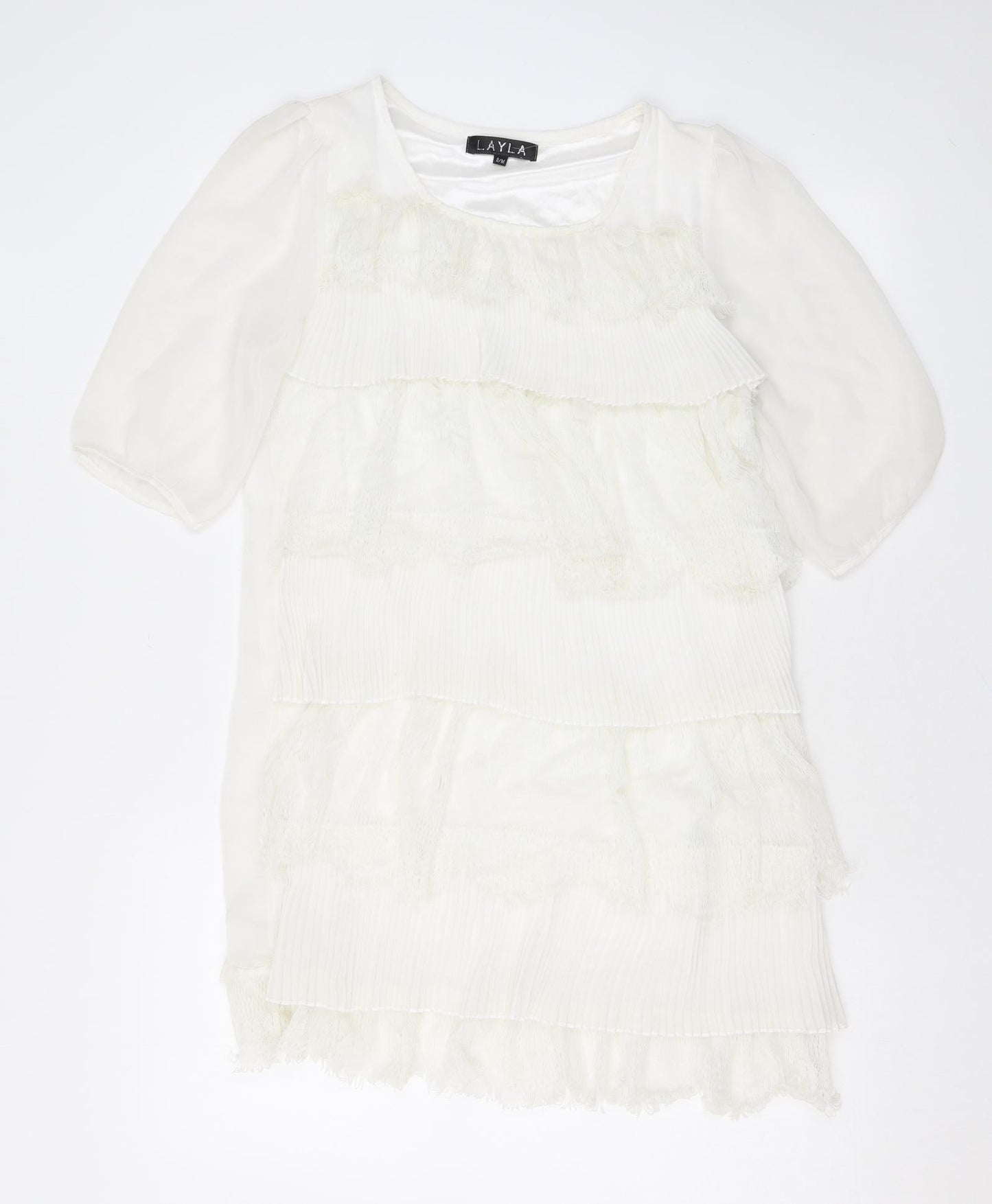 Layla Womens White Polyester A-Line Size S Scoop Neck Pullover - Lace, Ruffles