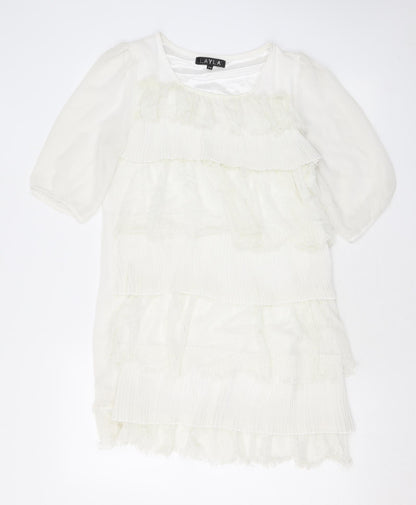 Layla Womens White Polyester A-Line Size S Scoop Neck Pullover - Lace, Ruffles