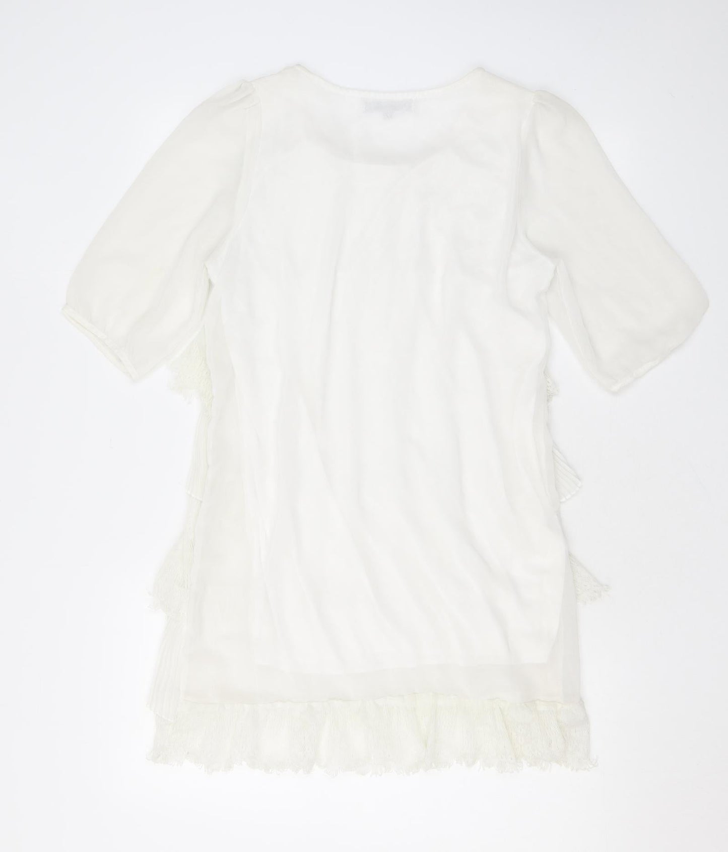 Layla Womens White Polyester A-Line Size S Scoop Neck Pullover - Lace, Ruffles