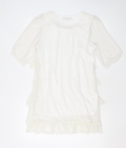 Layla Womens White Polyester A-Line Size S Scoop Neck Pullover - Lace, Ruffles