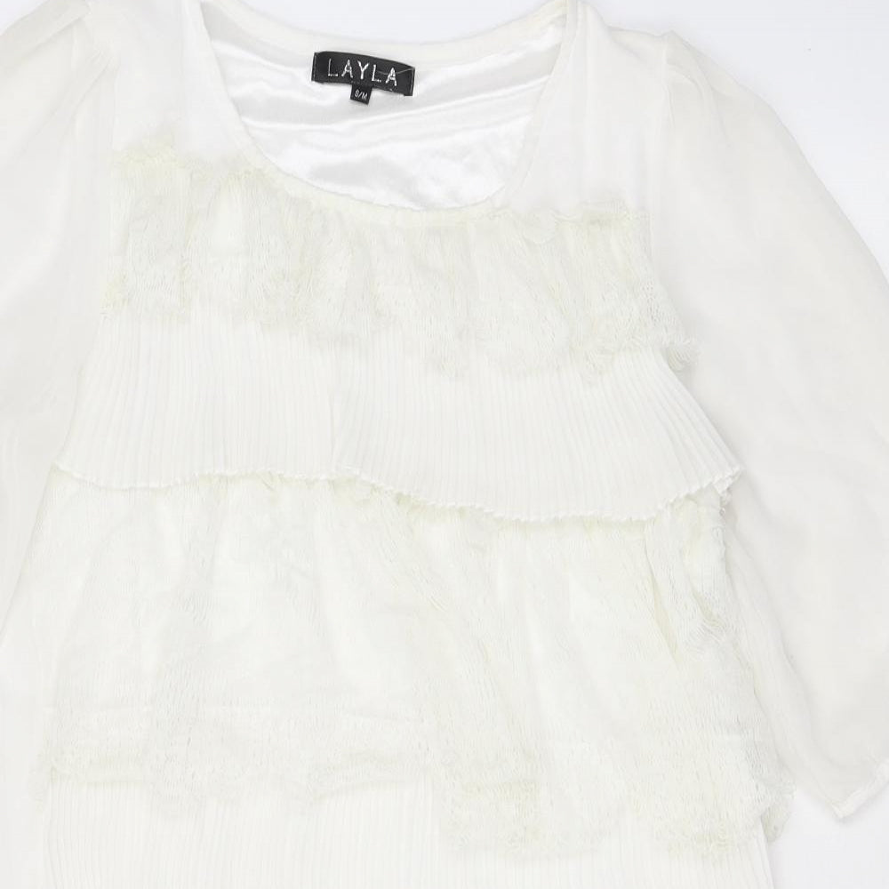 Layla Womens White Polyester A-Line Size S Scoop Neck Pullover - Lace, Ruffles