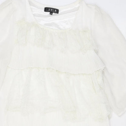 Layla Womens White Polyester A-Line Size S Scoop Neck Pullover - Lace, Ruffles