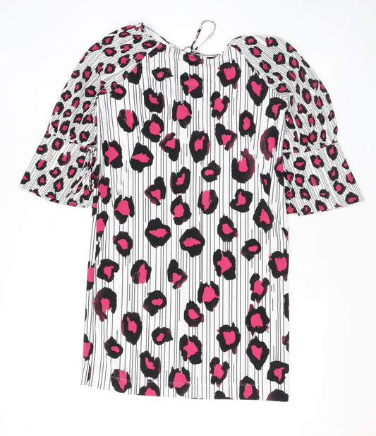 NEXT Womens Pink Animal Print Polyester T-Shirt Dress Size 10 Round Neck Tie